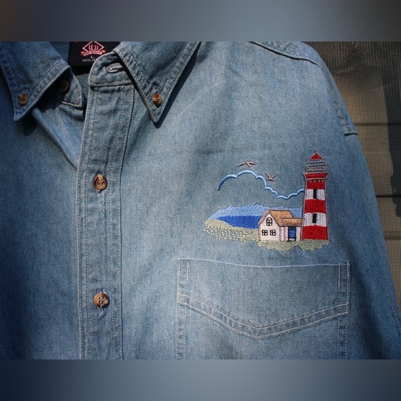 Won’s Wear Large 100% Cotton Denim Light House Button Down - Picture 5 of 9